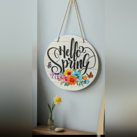 Hello Spring Door Sign Welcome Door Sign Round Decorative Wall Sign 11.5" - Picture 1 of 2